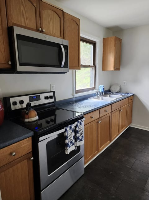 A modern kitchen with wood cabinetry, stainless steel appliances, black countertops, and a window above the sink counter
